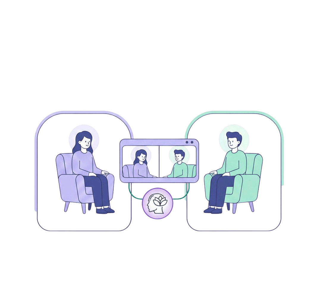 Professional mental health therapy session illustration showing licensed therapist providing support